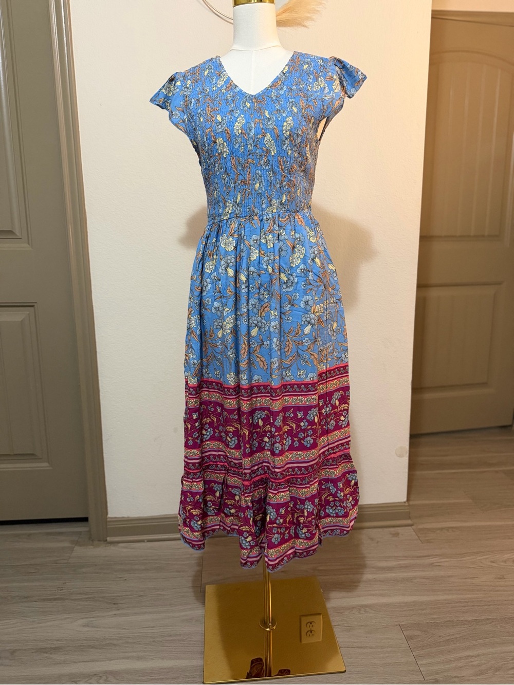 Miss Sparkling blue floral boho smocked midi dress